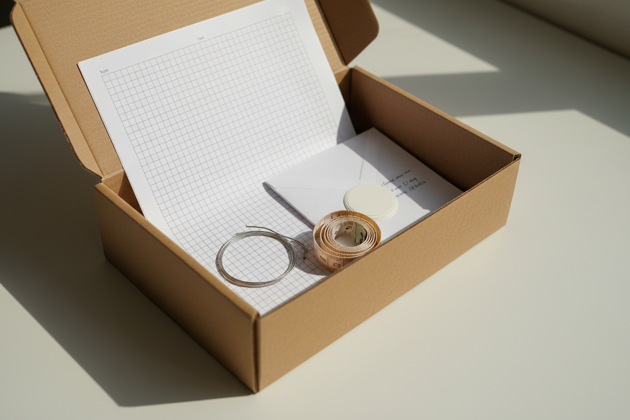 Hat Sizing Kit contents loosely packed in an A5 mailer box